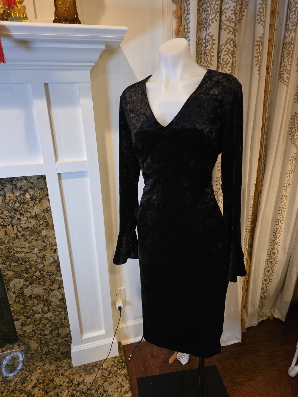 Witchy Goth London Times Black Velvet Flared Long Sleeve V-Neck Midi Dress